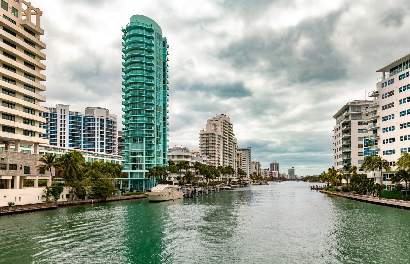 Residential apartment buildings along Indian Creek in Miami Beach