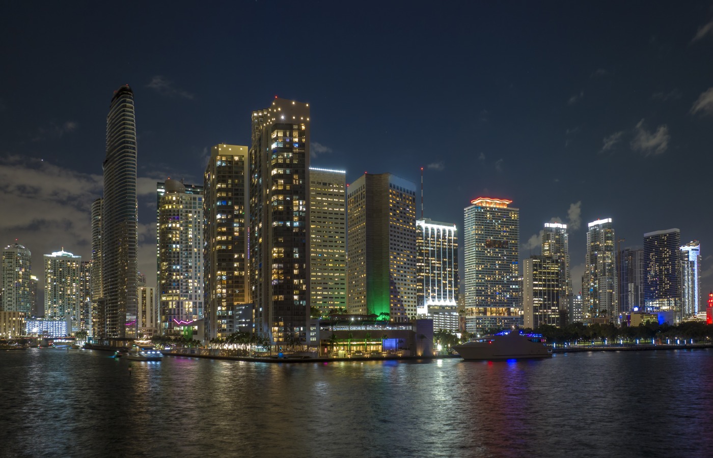 Illuminated office towers in Miami's Brickell financial district at night